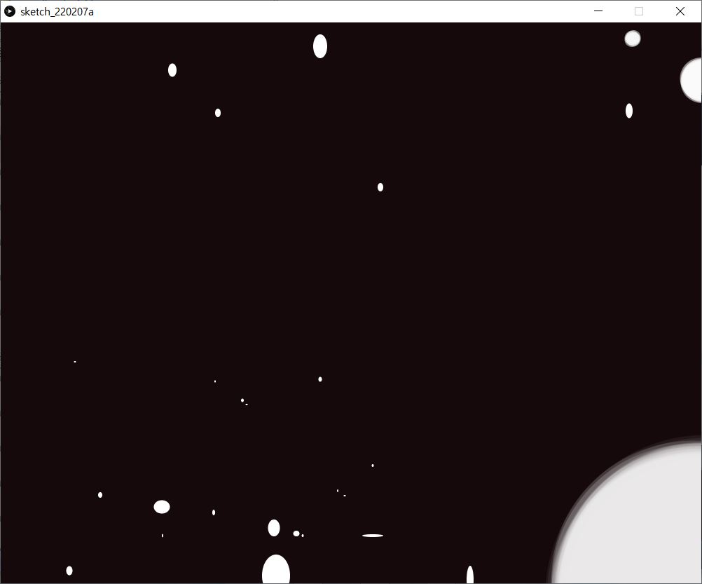 Irregularly arranged small to medium white ellipses on black rectangular background. Few dots including one big dot on the right bottom have described blurry to signify its possibility of movements and the depth of the space. 